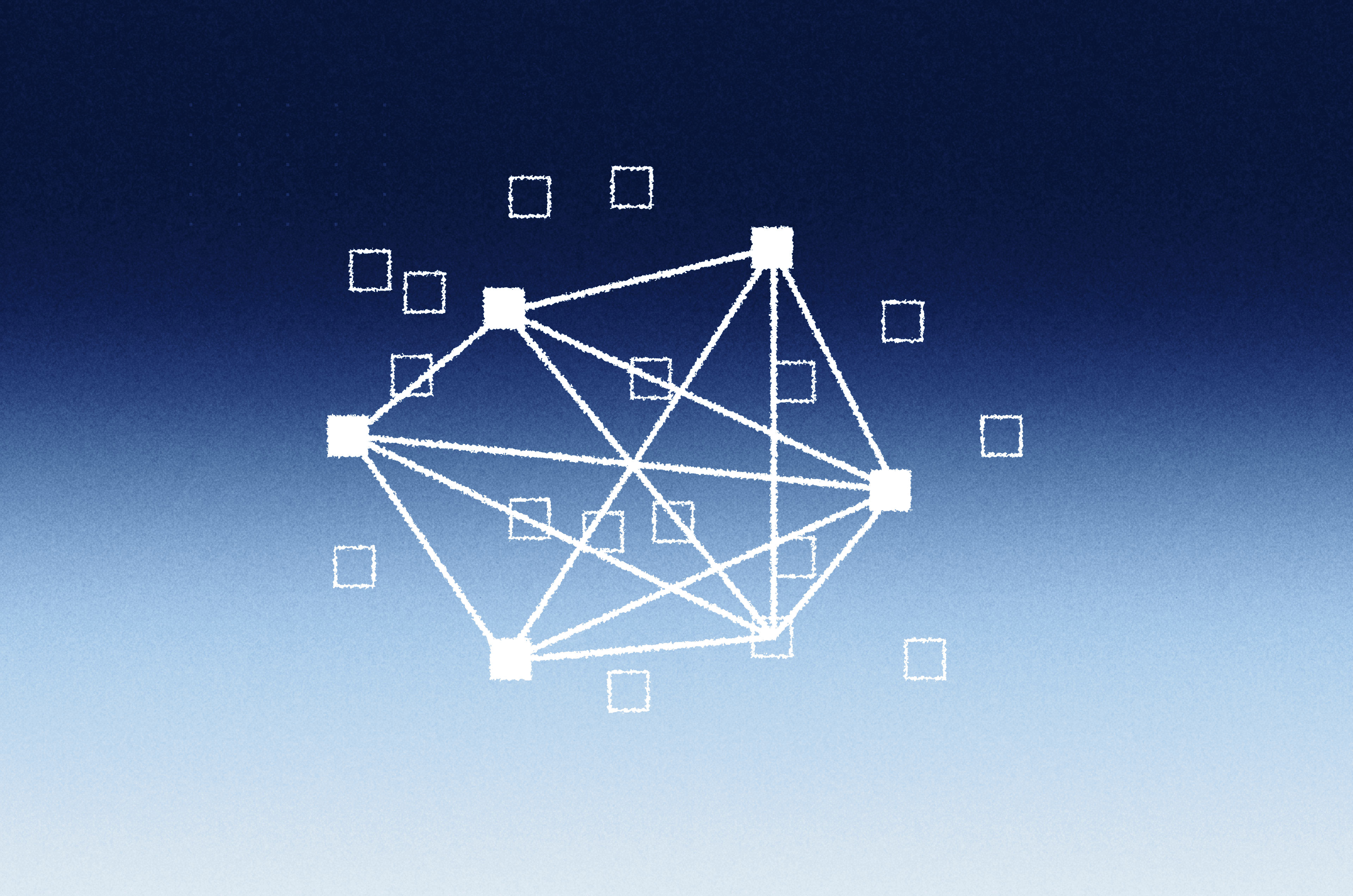 Abstract blue illustration of connected nodes and surrounding data points.