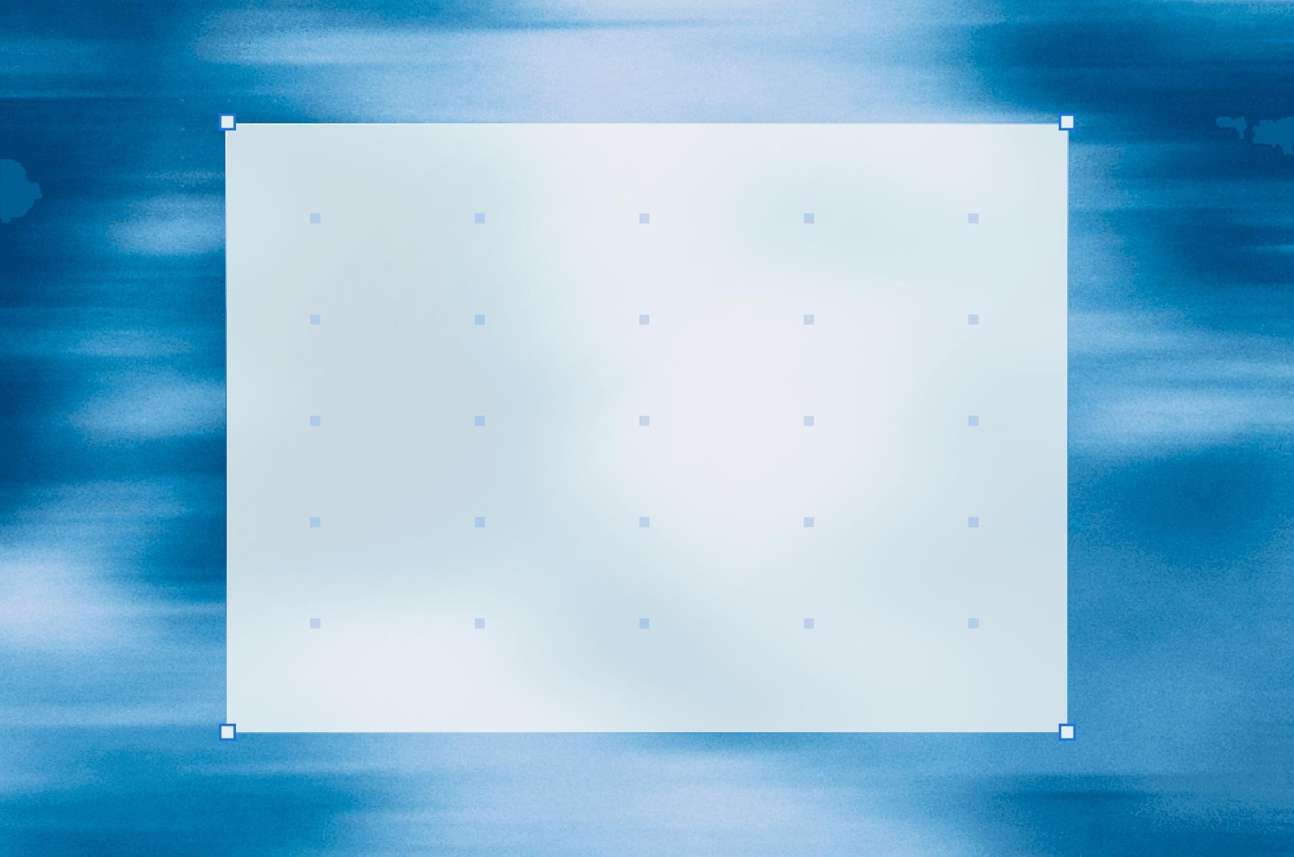 Abstract blue watercolor illustration of a pale canvas panel framed by corner handles over a dot grid.