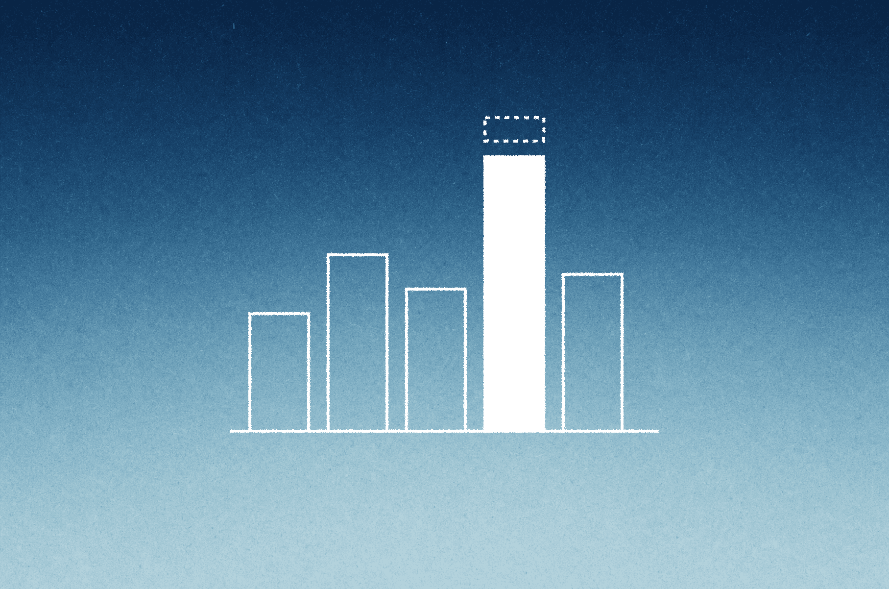 Abstract blue illustration of outlined bars with one solid white bar rising above the rest.