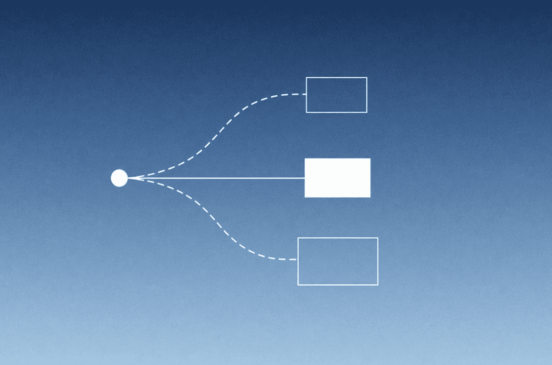 Abstract blue illustration of one point branching into three paths, with the middle path solid and leading to a filled box.